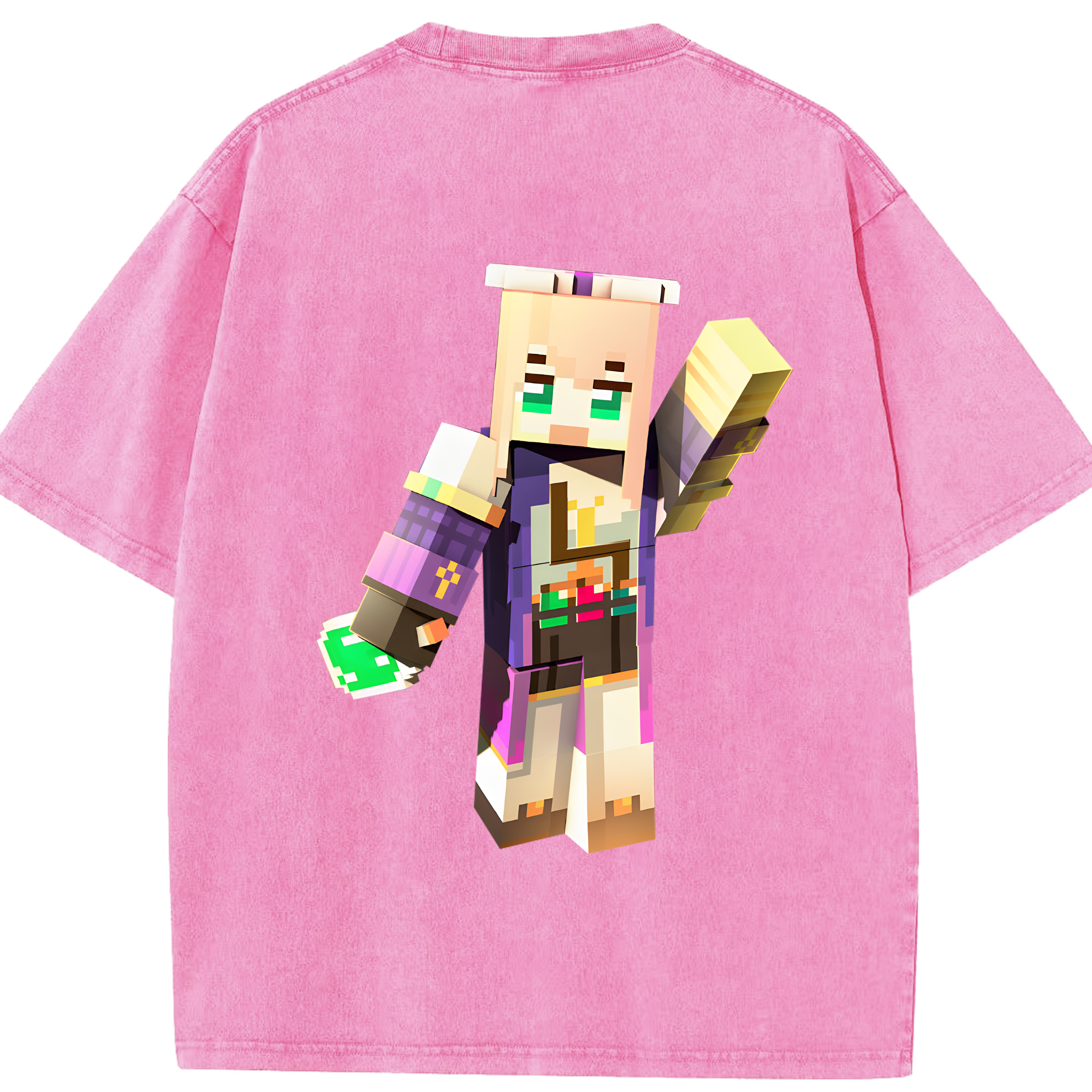 （画像用） マインクラフト ブロックの世界 Minecraft MC Block world 綿100% ヴィンテージ風 半袖Tシャツ（背面プリント）